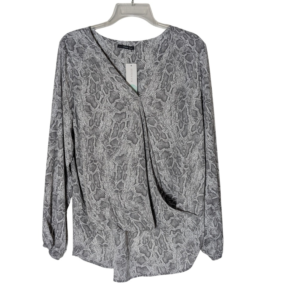 WEST KEI Snake Print Draped Faux‎ Wrap Blouse Long Sleeve Women's Top L